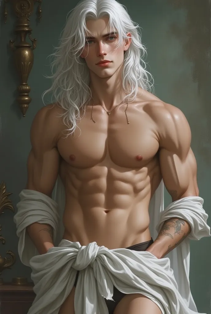  Handsome young man with long white hair, European appearance, beautiful naked body , 