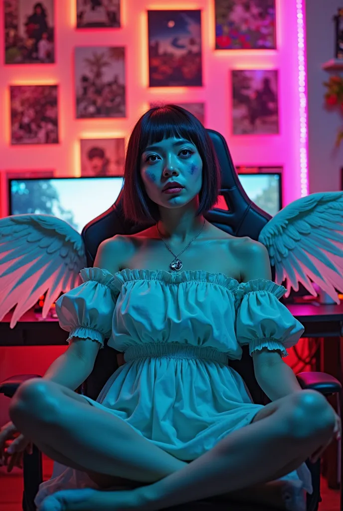 30yo Asian man with wings, ugly, geeky, short black hair, clown make up, crazed expression, deranged, loner gamer, esports, computer games, candid style photo, realistic photo, photo realistic effects, In a room bathed in neon lights, an ugly man sits at h...