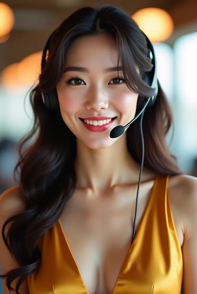 A beautiful korean girl customer service representative . She has long, wavy hair, bright cool eyes, and fair skin. She is wearing a sexy gold dress, outfit with a headset, smilie while looking directly at the viewer. The lighting is bright and appealing, ...