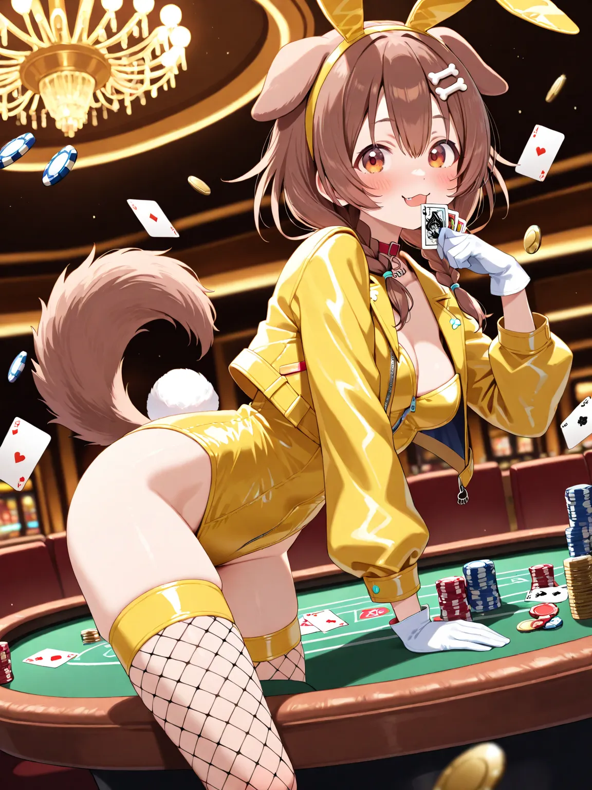 Solo female, Inugami Korone (HoloLive), {{{yellow cropped leather jacket, yellow mini jacket, white bunny girl outfit, yellow bunny ears headband, white gloves, fishnet stockings}}}, {{dog ears, dog tail, low twin braids, bone hair accessory, bone hair acc...