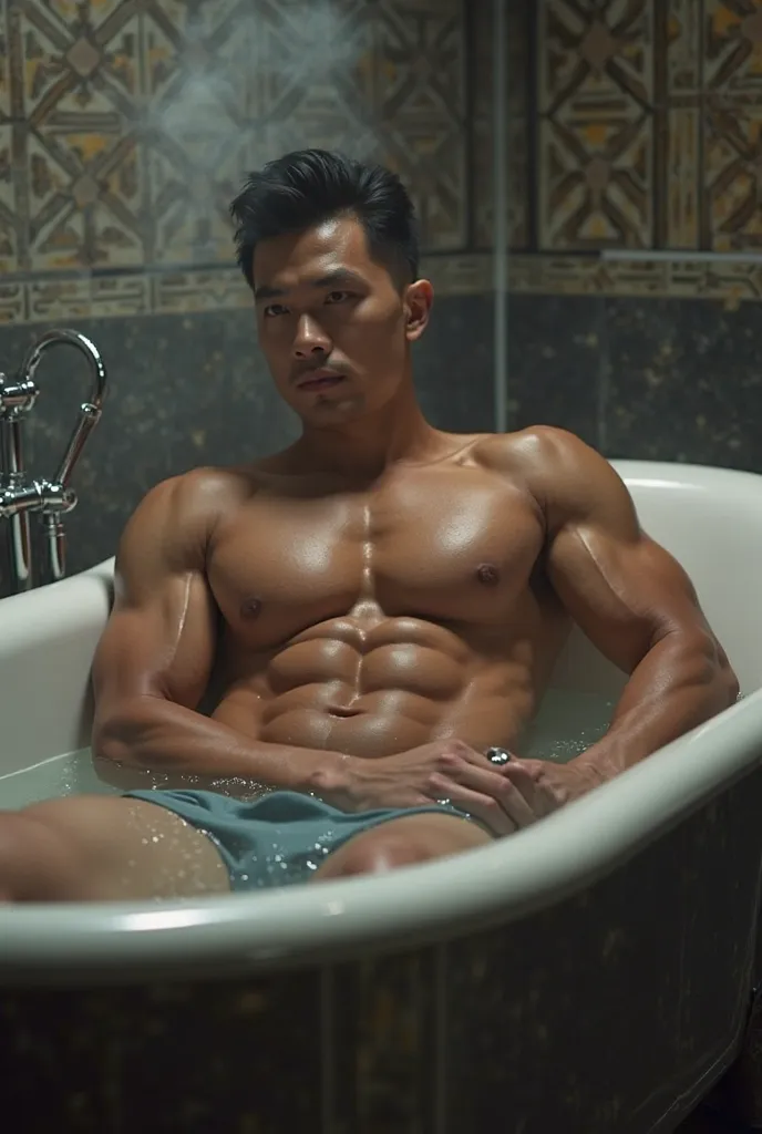 Muscular asian hunk takes a bath