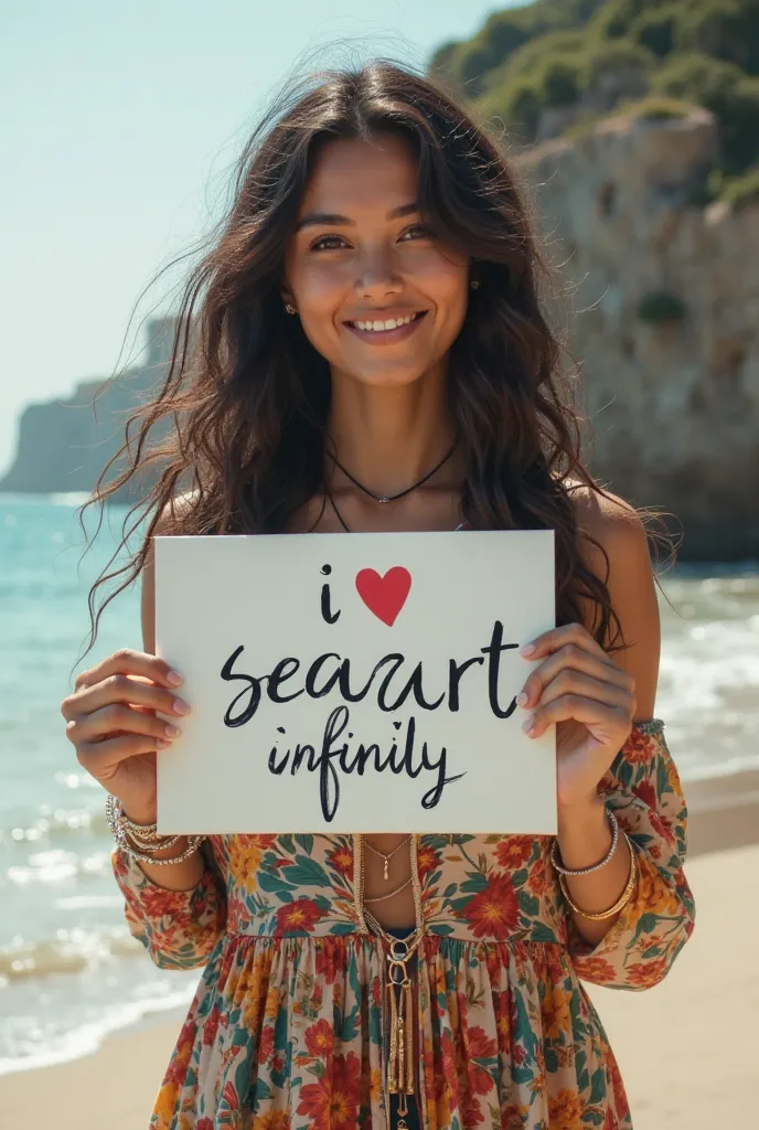 Beautiful girl with wavy long hair in a bohemian dress, Holding a white board marked "I Love Seaart Infinity" and showing it to the viewer