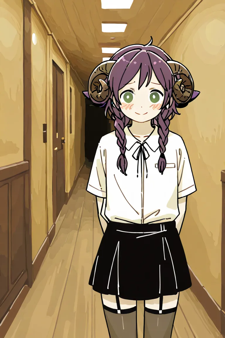     Masterpiece    , great quality, 1 boy, lamb ears     , (sheep horns   :1,5) , very detailed illustration , ( anthropomorphic lamb boy in the background:1,7), fair skin, green eyes , Purple hair , green glazes , sheep horns   , (19 years old) hair in br...