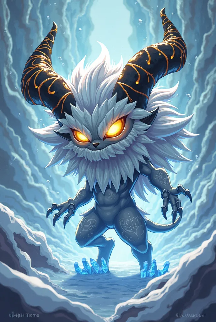 cartoon demon with white hair golden eyes black and gold horns with ice power that has an image size limit of 800px*600px within 5MB format JPG JPEG 