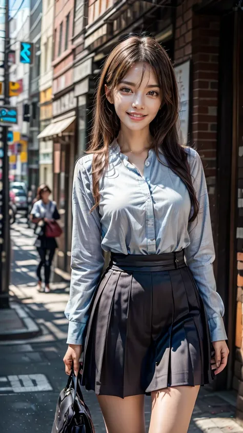 a beautiful 18 year old Japanese high school girl with perfect anatomy, healthy thighs, beautiful legs, beautiful skin, random hair color and style, large breasts, (wearing a Japanese schoolgirl uniform:1.3), (she is standing:1.2), penny loafers, holding a...