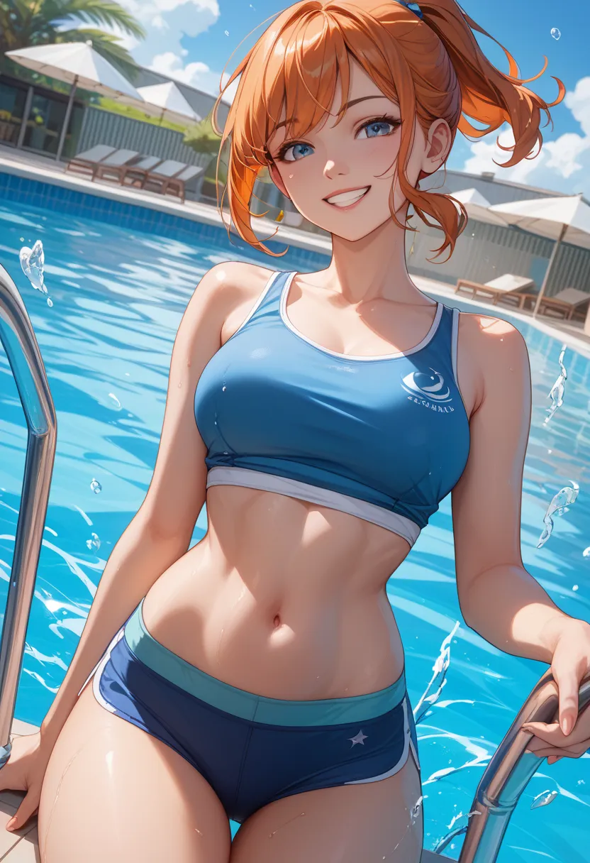 Masterpiece、bestquality、8k、dutch angle、 1 woman、 orange hair、 short ponytail 、 Pool Side、 Blue Tank Top 、Blue boxer briefs、smile、 splashes 、belly button、 thighs