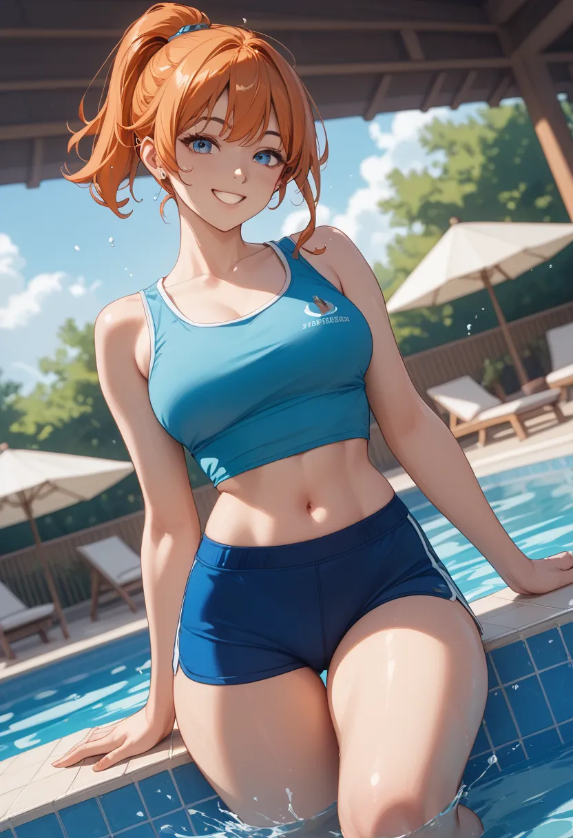 Masterpiece、bestquality、8k、dutch angle、 1 woman、 orange hair、 short ponytail 、 Pool Side、 Blue Tank Top 、Blue boxer briefs、smile、 splashes 、belly button、 thighs