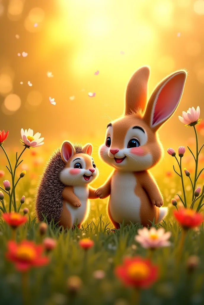 A cheerful rabbit and a small hedgehog walking together through a colorful meadow, surrounded by tall grass and flowers. The rabbit has a happy expression, and the hedgehog looks grateful. The golden light of sunset makes the scene warm and inviting.