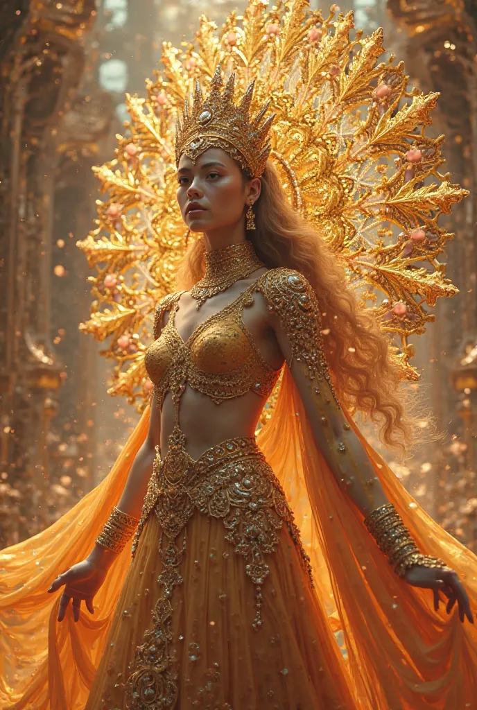 Add more details, add a golden diamond headwear piece and add some jewelries, a designer sleeve, add a super big back piece that is related to the festival