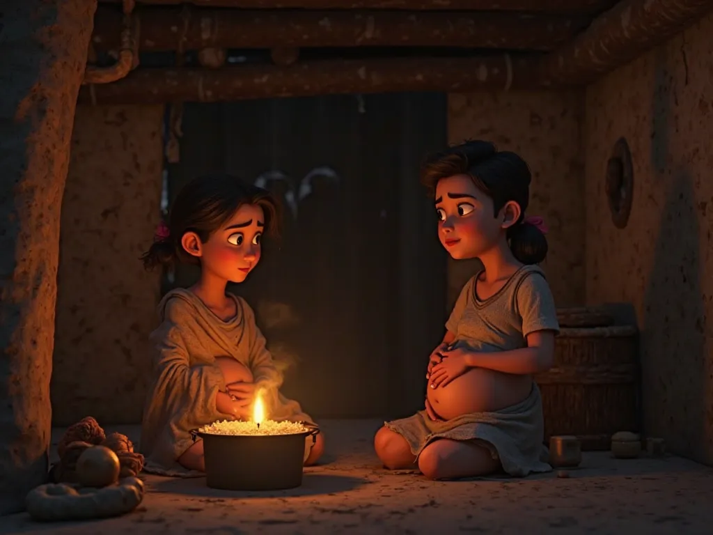 "A beautifully animated 3D cinematic scene set inside a dimly lit, humble village hut during dusk. The once-royal princess, now visibly pregnant, sits on a simple wooden chair, her hands gently resting on her belly. Her face carries the weight of longing a...