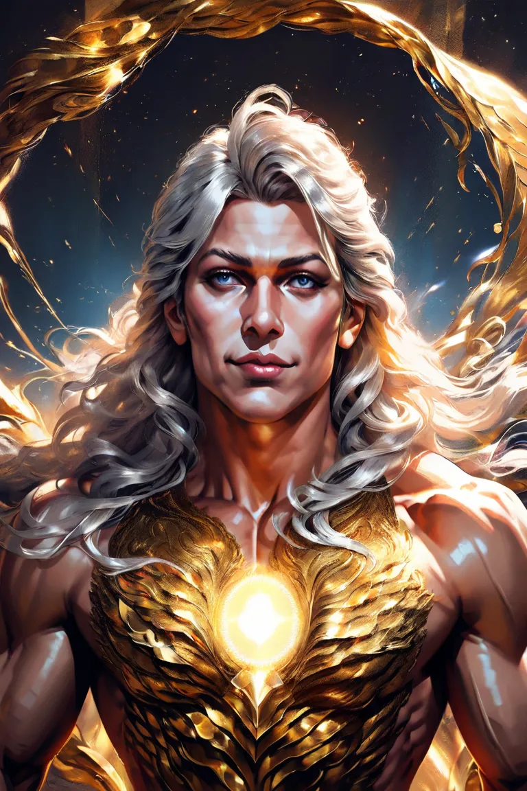 Apollo, Greek god, long flowing white hair, incredibly handsome, half of his body made of shining gold, muscular and athletic physique, divine aura, glowing golden light, detailed facial features, sly and mischievous smile, ultra-realistic, 8k resolution, ...