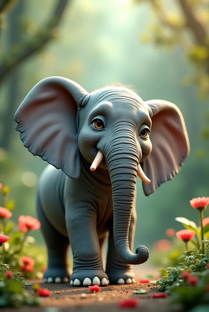 A large, gentle elephant with soft gray skin, kind eyes, and big floppy ears. After Coco’s magic, its trunk curls like a giant spring, making it look both silly and confused.