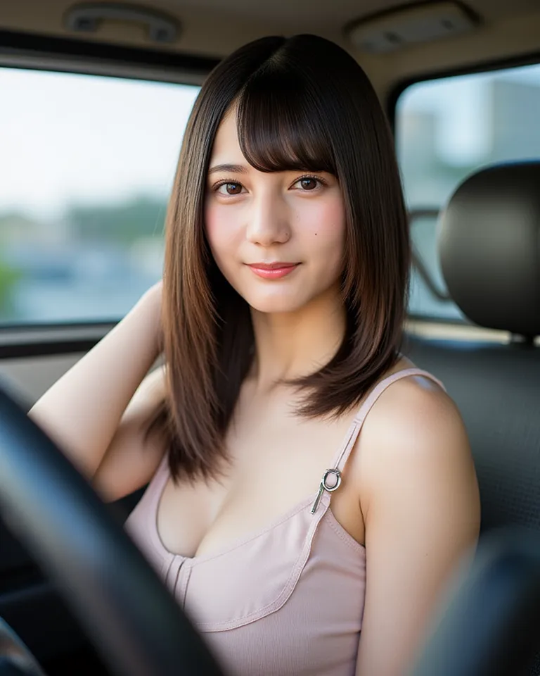 Who sits in the Jimny driver's seat has white skin and slightly big breasts、A woman with a thin waist、staring at me with a gentle smile。She has a soft expression,、has a gentle and warm impression。The gentle and warm atmosphere of a woman is in perfect harm...