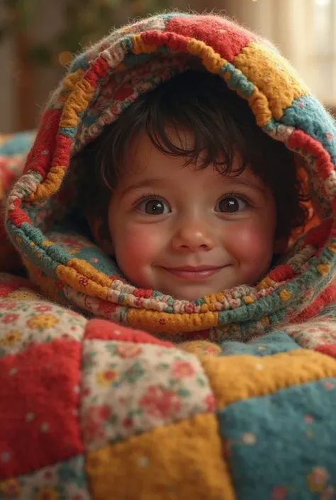 A cozy, multicolored patchwork quilt with red, blue, yellow, and green patterns spread over a ’s bed. The  is snuggled under it, smiling.
