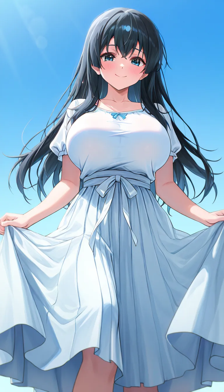 ((Japanese anime pictures from the 2000s))、 Greatest Masterpiece in History  、 high image quality during sick leave 、 high resolution、(((Only one woman 、Japanese)))、  very very huge breasts、(( clear blue sky  ))、((  black hair、))、(blushes、Smile)、(( white s...