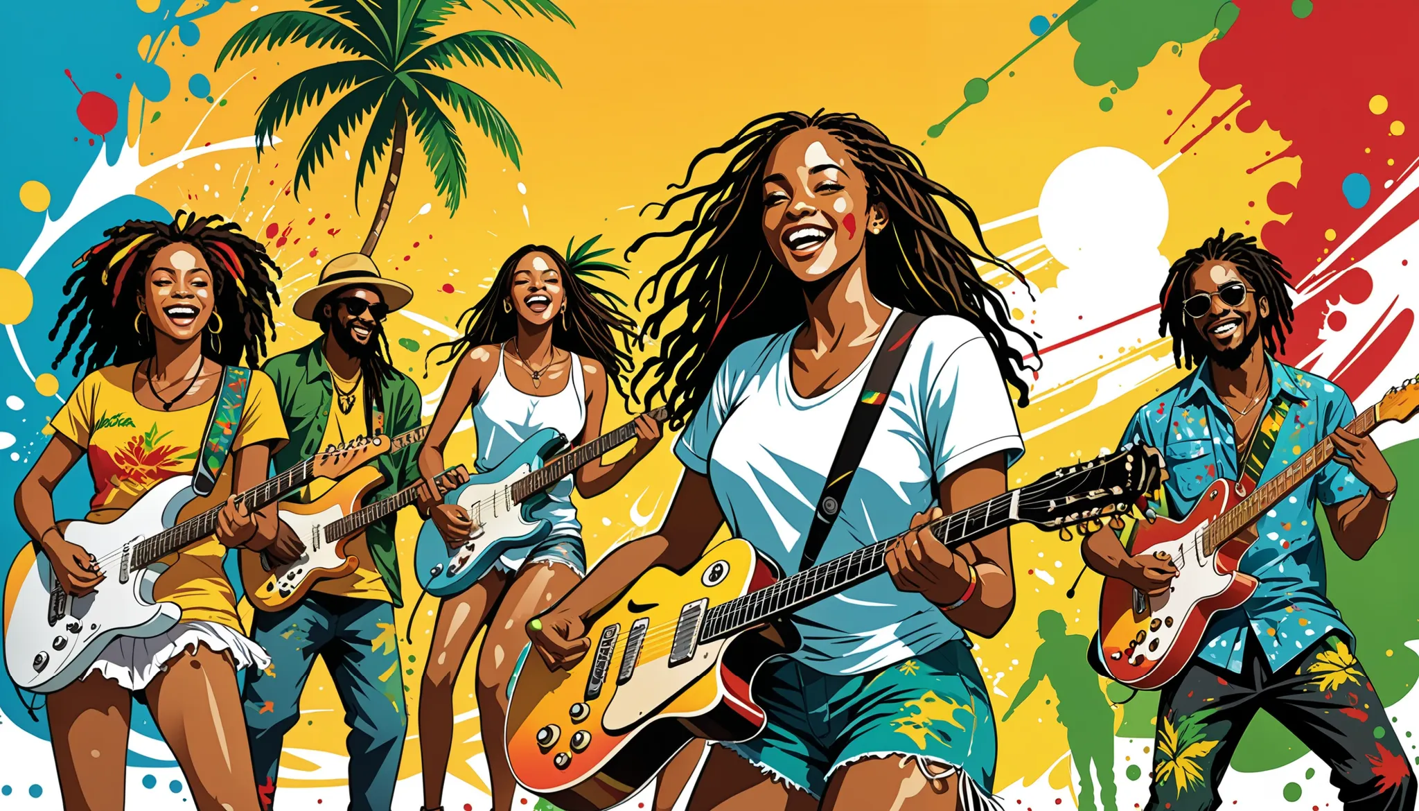  vector art,     lots of Jamaican reggae    ,   Real Jamaican reggae vibe，  color illustration ,  Vine ,  bright color,     Paint splatters and stains    , high detail, 
Palmera, men and a few women are playing guitars、  strand,graphic painting 