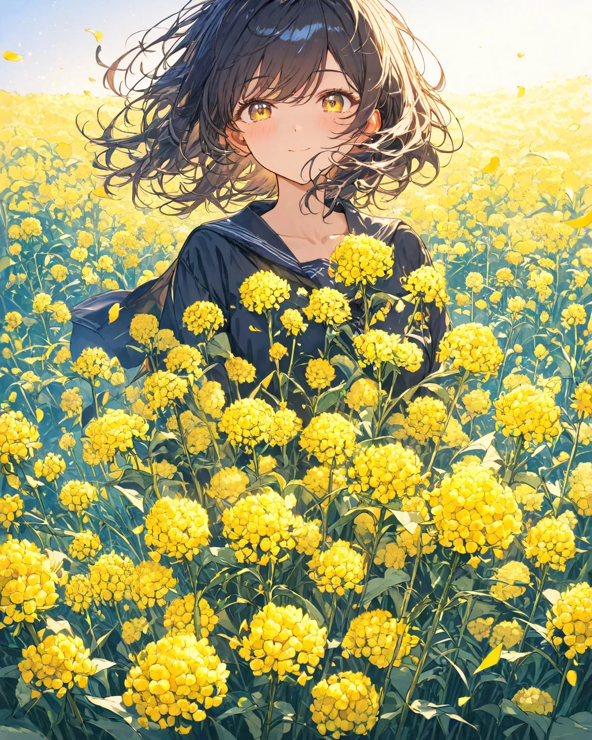 masterpiece,top quality,Super Detail,8k,watercolor　A girl standing under the night sky　Field of rapeseed flowers