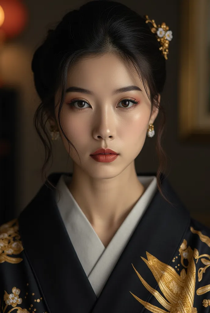 1girl, ultra-realistic, high-end fashion, Japanese beauty, elegant kimono, modern aesthetics, luxury photography, black and gold color scheme, cinematic lighting, vogue style, studio photography, mysterious atmosphere, detailed eyes, soft skin, intricate p...