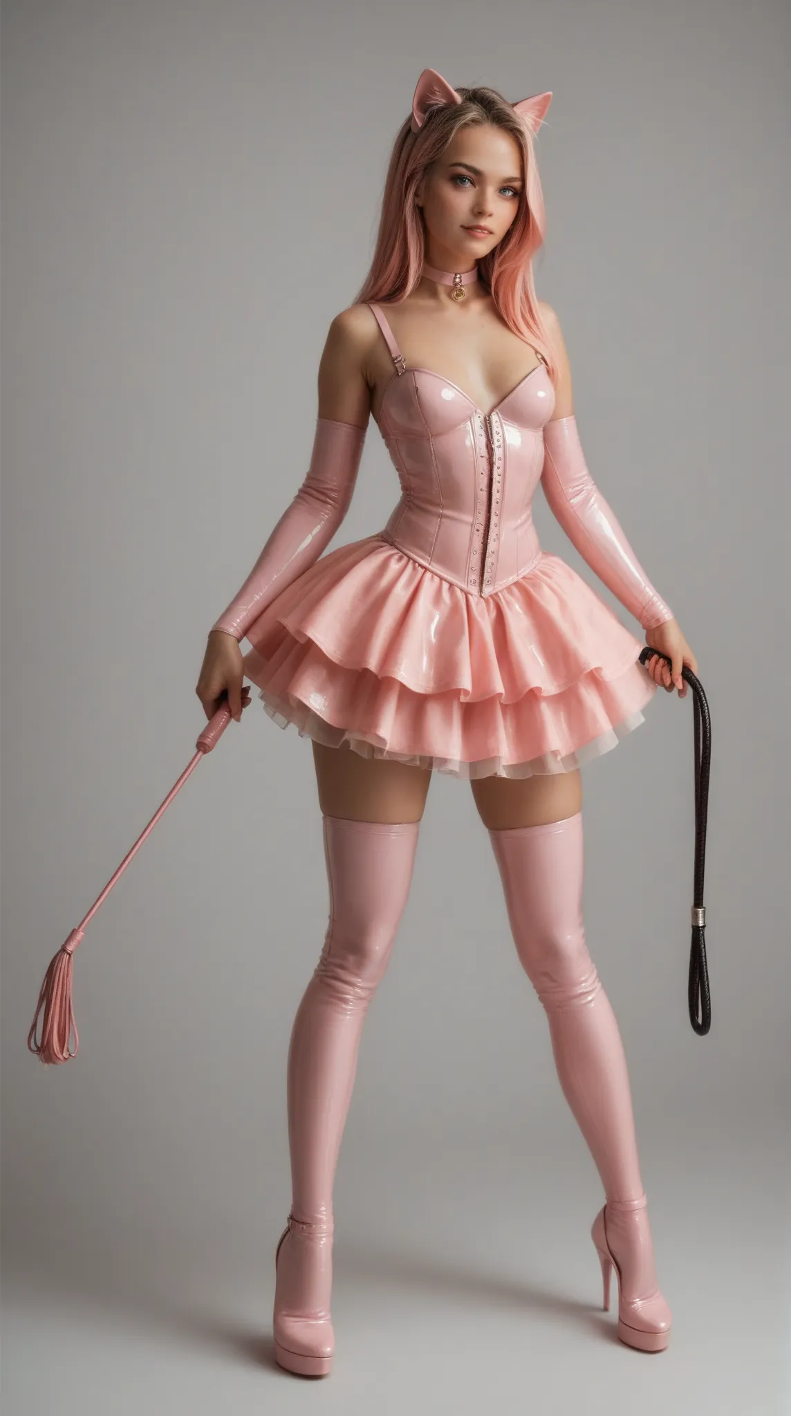 woman,  slim, pink hair, latex pleated skirt,  straight long hair , small breasts,  zopf , cat ears, masterpiece , anatomically correct , UHD, super detailed, latex overknees, latex arm warmers long , latex underbust corset , View creator,  standing , SexR...