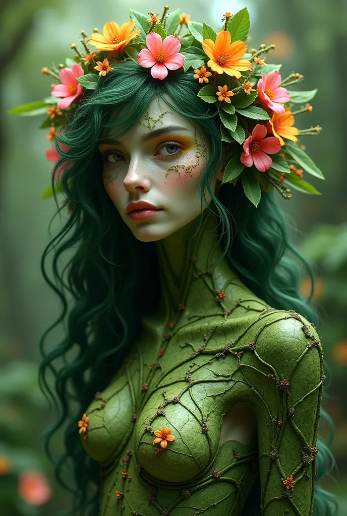 Make her green eith leaves on her body and human like face with pointy nose human face and curly green hair with flowers on it