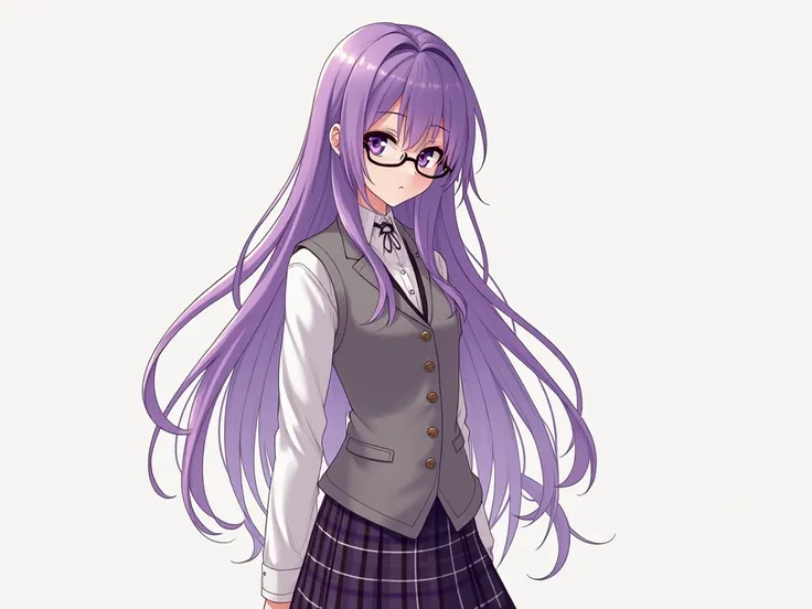 Draw a tall woman with long loose purple hair wearing a kilt and a white shirt with a wool vest on without buttons( Like in a Japanese school uniform), shoes and glasses, I also want her to have a necklace and purple eyes. The sleeve from the arm to the ha...