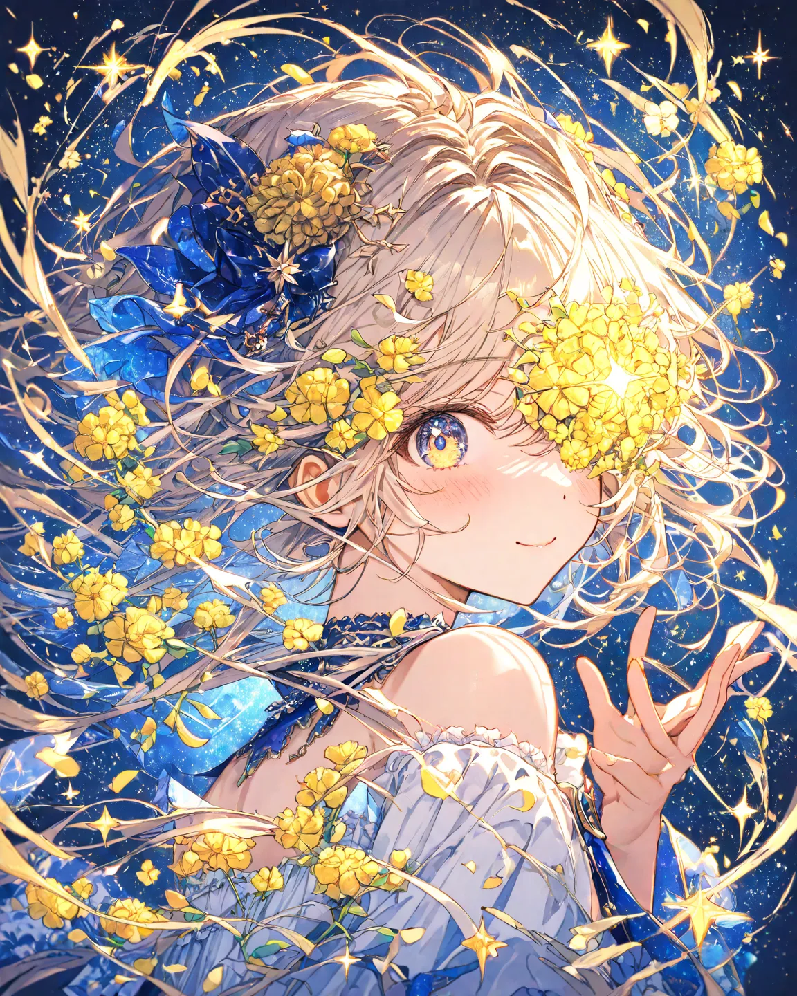 masterpiece,top quality,Super Detail,8k,watercolor　night空の下でたたずむ少女　Field of rapeseed flowers　night　 sky full of stars