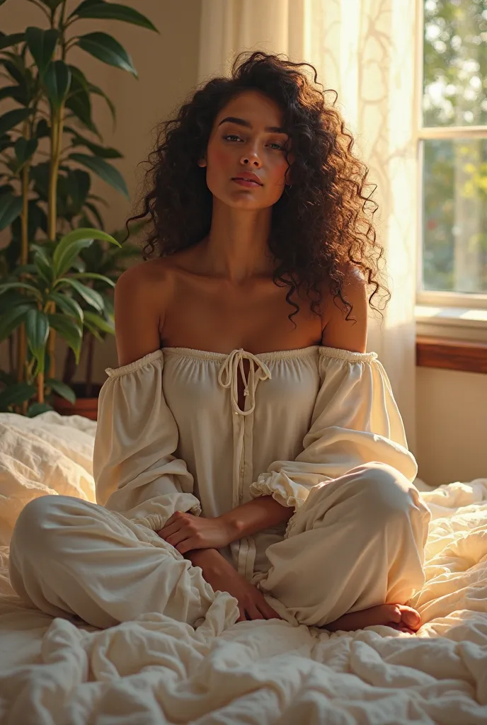 (photorealism:1.2), beautiful woman, sitting on bed, wearing loose off-shoulder top, pajama pants, long curly hair, indoors, soft lighting, plants in background, window with sunlight, cozy room, relaxed pose, realistic, intricate details, warm colors, by G...