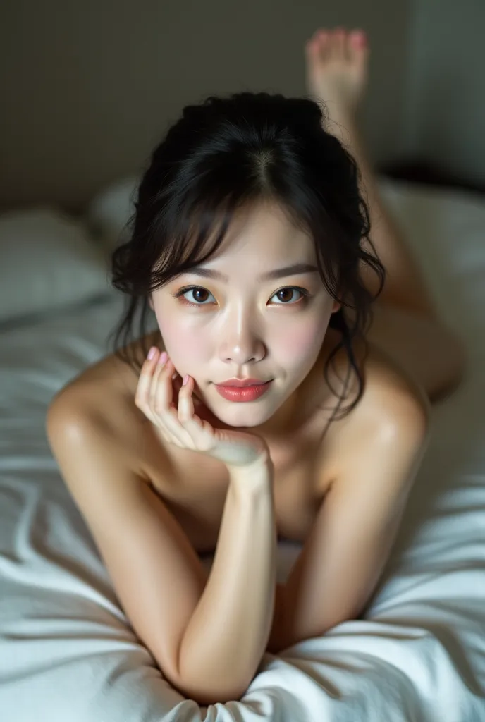 All naked，with no cover on her chest，Fan Bingbing lying flat on the bed with her legs open
