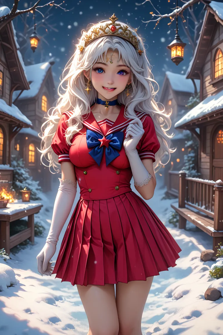 masterpiece, best quality, highres, sama1, tiara, sailor senshi uniform, white gloves, red sailor collar, red skirt, star choker, elbow gloves, pleated skirt, bare legs, purple bow, village, cottage, trees, lights, sexy, point of view, full body, snow, nig...