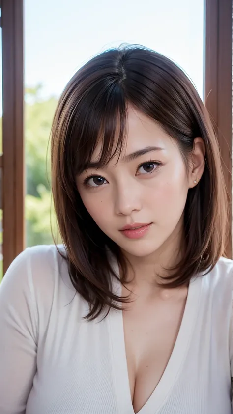 ８k, 非常にdetailed, masterpiece, top quality, Photorealistic, detailed, beautiful eyes,  40 year old woman, 1 person, cute,  lower lip is thick and plump, face the front, beautiful body, ((staring at the viewer&#39;s eyes)), beautiful hairstyle,  light clothi...