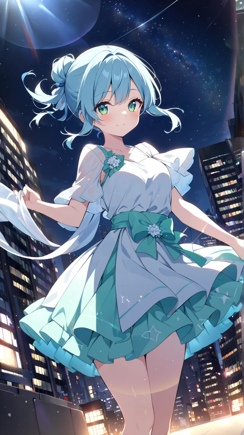 night、 Milky Way、night景、Skyscraper、1 girl, solo, greenい目, green/light blue hair tied at the top、spotlight、dutch angle, Beautiful dress、flare skirt、Sparkling Effect, Background blur, Lens Flare, widescreen