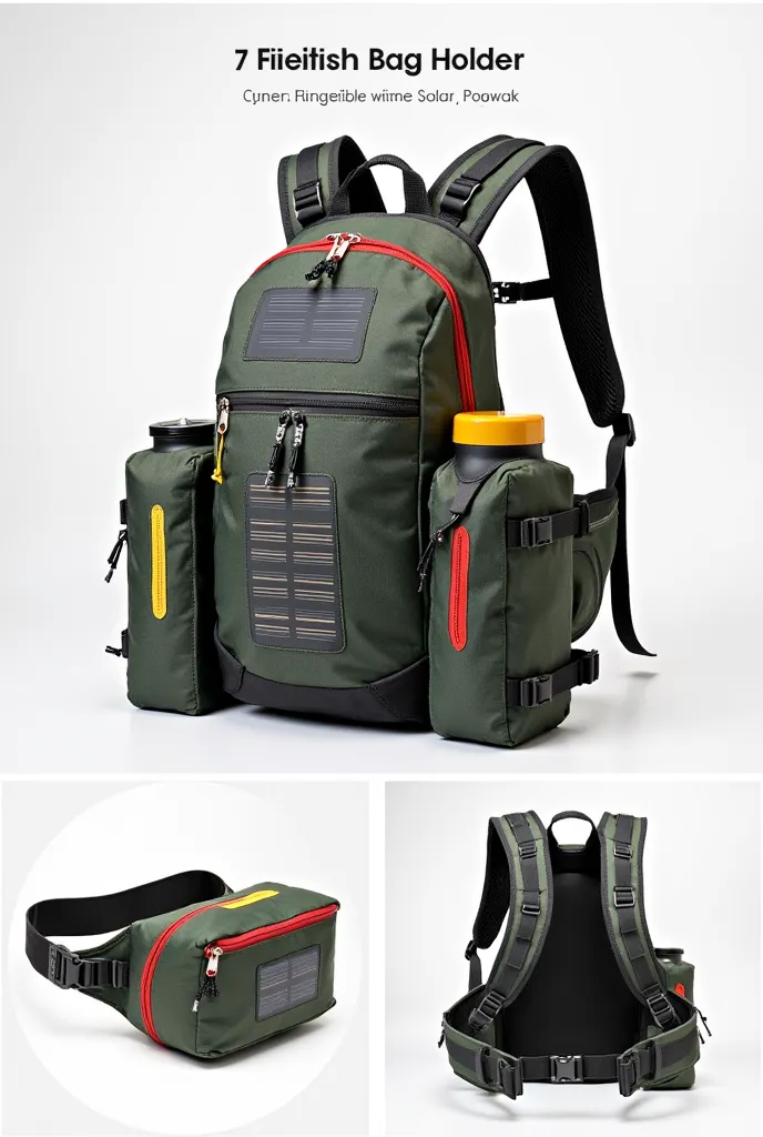 The hiking bag holder features rechargeable battery, solar panel, fabric with waterproof zipper, reflective stripes, can be equipped with an optional bag. There is a strap on the chest and waist.