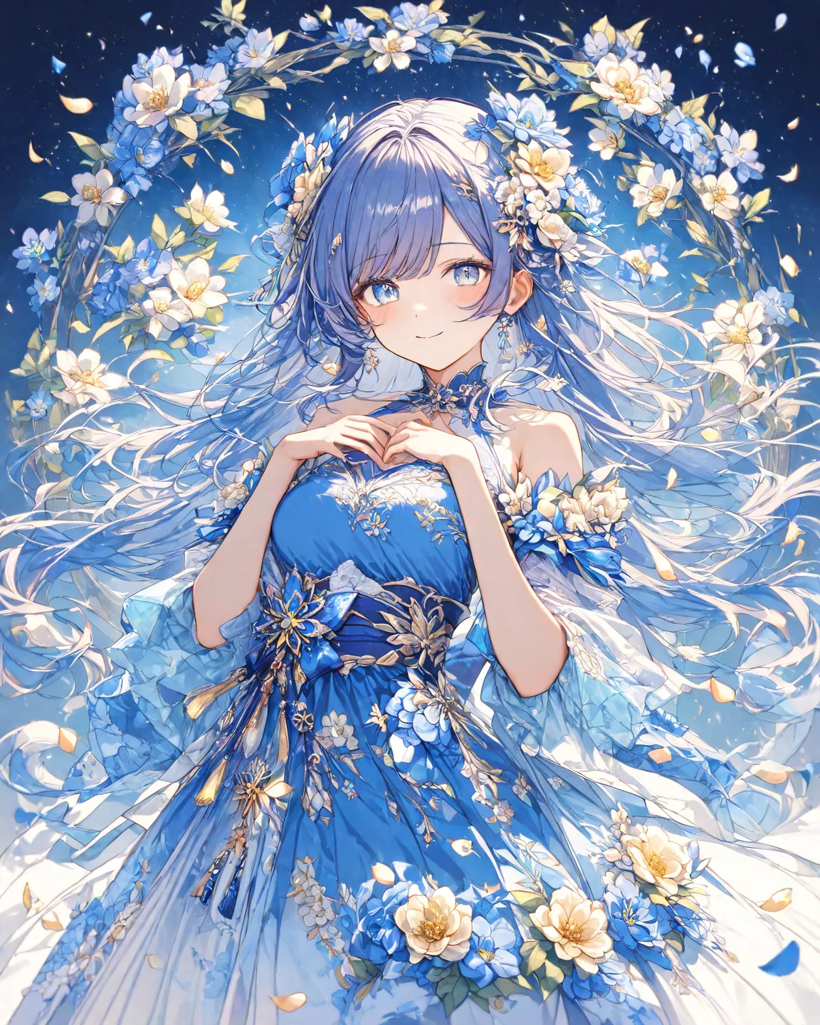 masterpiece,top quality,Super Detail,8k,watercolor　girl　Rape blossomsの花畑　night　 sky full of stars　smile　 blue dress　 blue floral ornament 　Rape blossoms