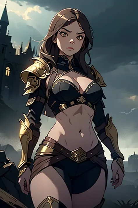 Hailee Steinfeld wearing form fitting black and gold Armor, cleavage, detailed abs, navel, hazel eyes, light brown hair, thick eyeliner, photorealistic, high contrast, dramatic lighting, detailed facial features, strong expression, powerful stance, ornate ...