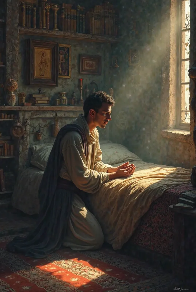 A scene of daniel praying in his room, unaware of the new law.