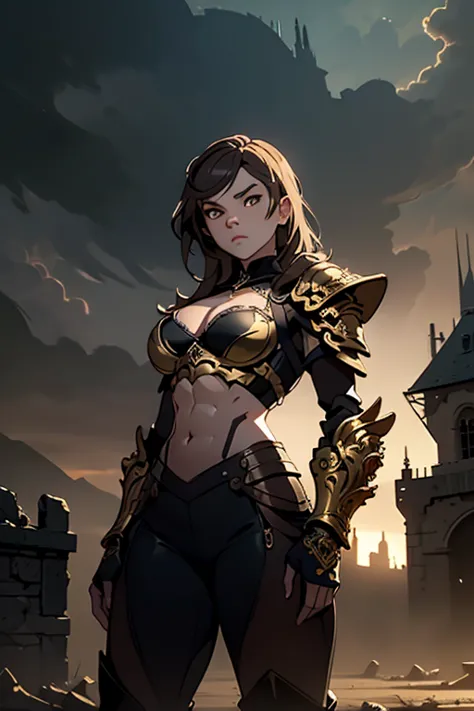 Hailee Steinfeld wearing form fitting black and gold Armor, cleavage, detailed abs, navel, hazel eyes, light brown hair, thick eyeliner, photorealistic, high contrast, dramatic lighting, detailed facial features, strong expression, powerful stance, ornate ...