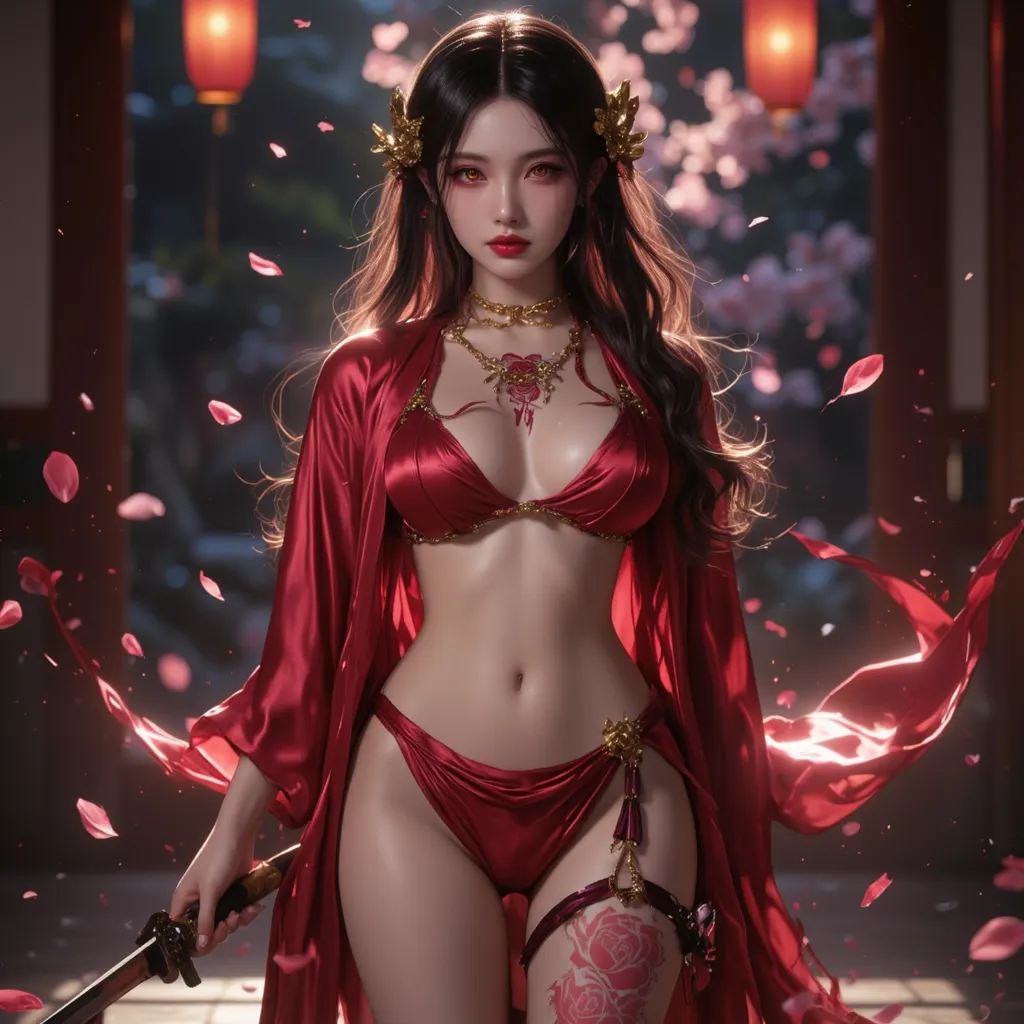 A sensual kunoichi with an alluring yet deadly presence. She wears an ultra-revealing red silk kimono, barely covering her curves, with a deep plunging neckline. The lower part is a loosely wrapped silk fabric, slit open on one side, exposing her long, sed...