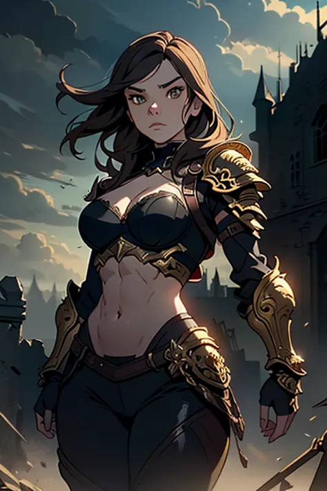 Hailee Steinfeld wearing form fitting black and gold Armor, cleavage, detailed abs, navel, hazel eyes, light brown hair, thick eyeliner, photorealistic, high contrast, dramatic lighting, detailed facial features, strong expression, powerful stance, ornate ...