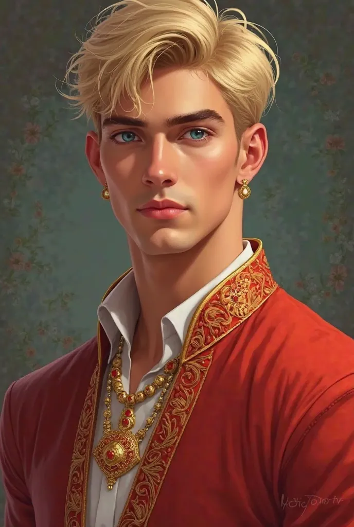 Realistic digital illustration of a man in his twenties, handsome, clothing with short blond hair and blue eyes. Dressed in elegant Indian-style clothing in red tones and with gold Indian-style jewelry with red details.