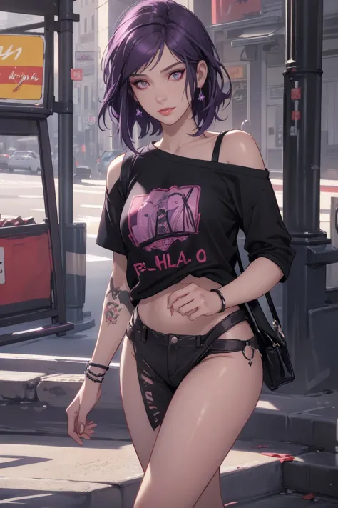 1girl,a beautiful fashion model ,(masterpiece, detailed background, best quality), short and shiny hair, dark purple hair,smirk,juicy lips,red lips, slutty street clothes, stripping, elegant makeup, exhibitionism, chloe price, alt girl, black tattoos, over...