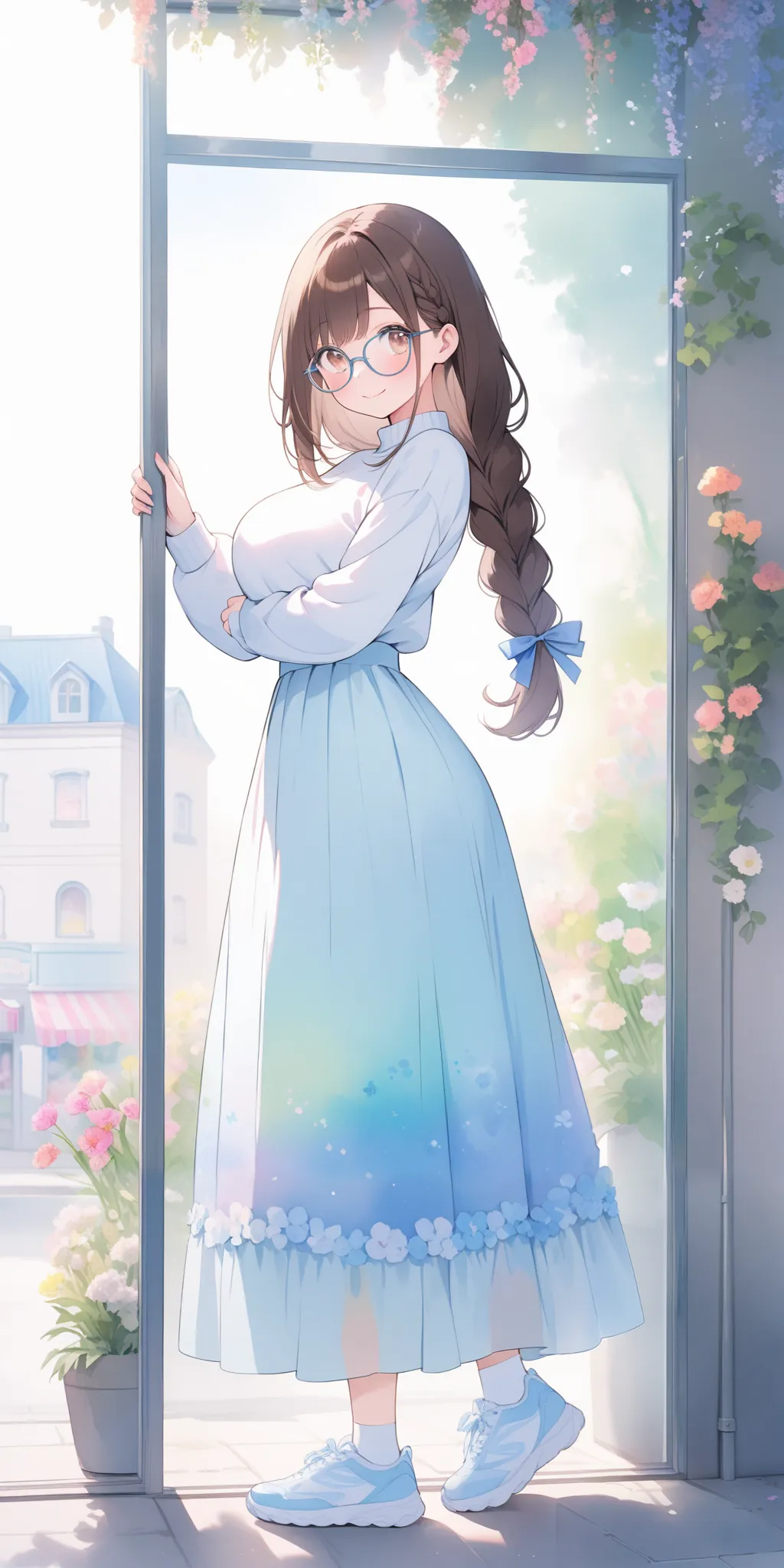 (ultra detailed:0.7), (soft pastel tones, watercolor, bright color, transparent, gradation), depth of field, 
(cute girl with single braid), (dark brown hair, low-braided long hair, braid with blue ribbon), 17yo, light brown eyes, tareme, glasses, smile, 
...