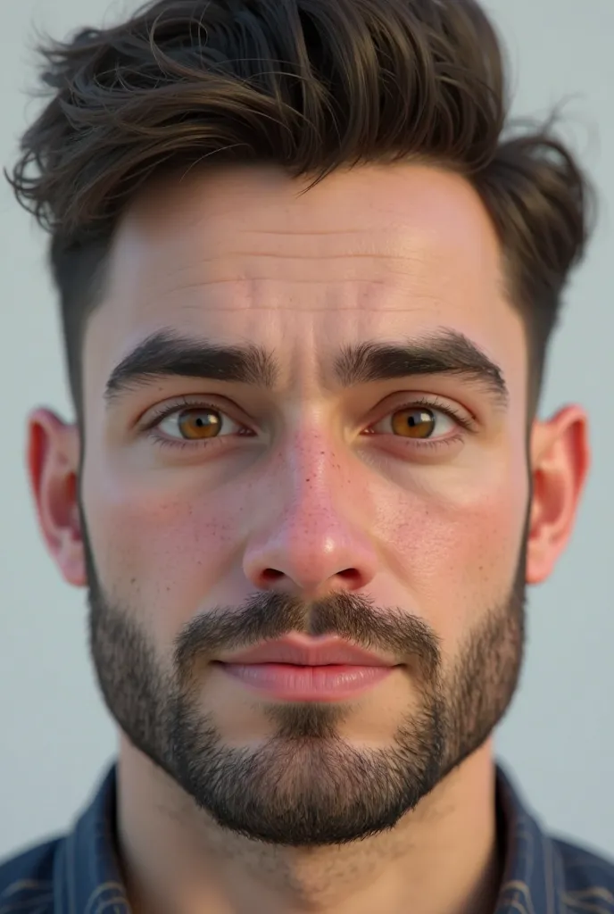 A virtual avatar face image of a young man and not a 20-year-old girl with hazel eyes and an arranged beard