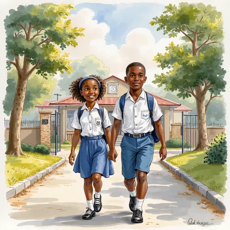 A girl and a boy in white and blue uniform arriving at school early, Nigerians
Water color illustration