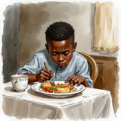 A boy crying while eating on the dinning table, Nigerians
Water color illustration