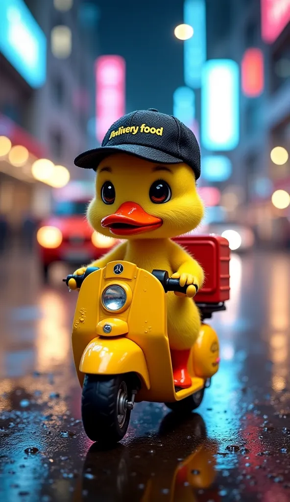 A cute little yellow duckling, now wearing a black ‘Delivery Food’ cap, riding a small yellow scooter with a red delivery box attached to the back. The duck looks slightly tired but focused as it navigates the wet city streets. The night-time urban backgro...