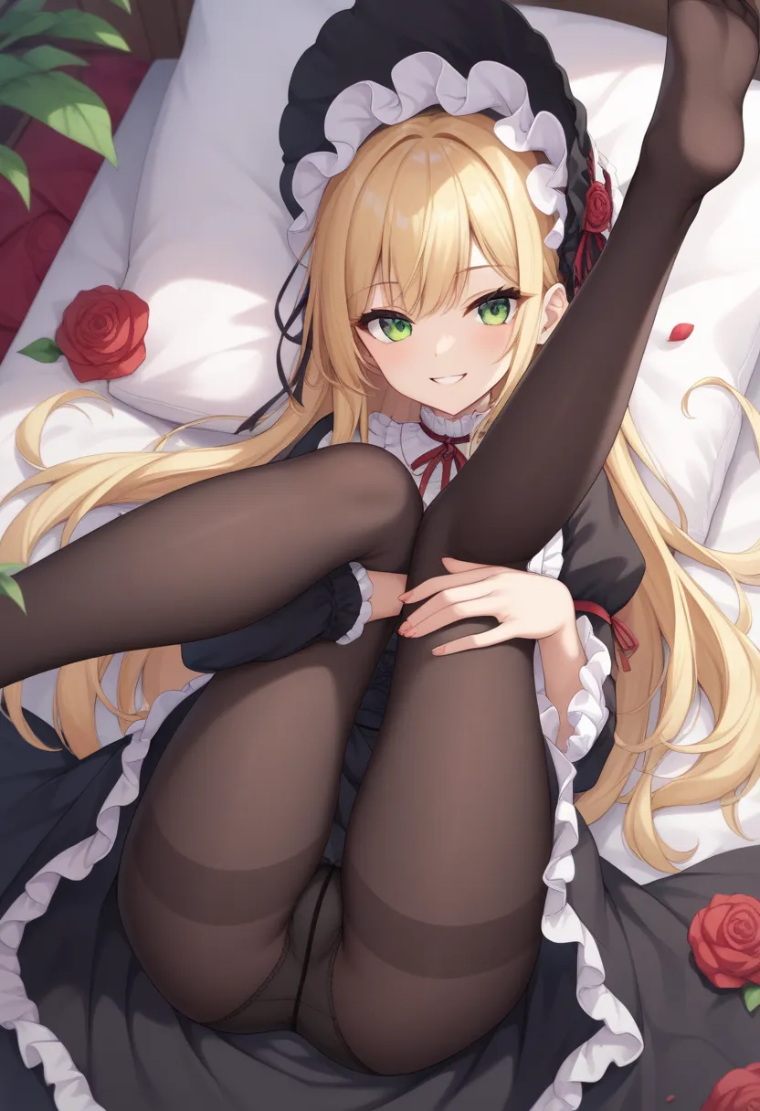 girl,blonde hair,green eye,legs up,seeing at viewer,gothic lolita dress,gothic bonnet,black dress,black pantyhose,rose pantyhose,smile