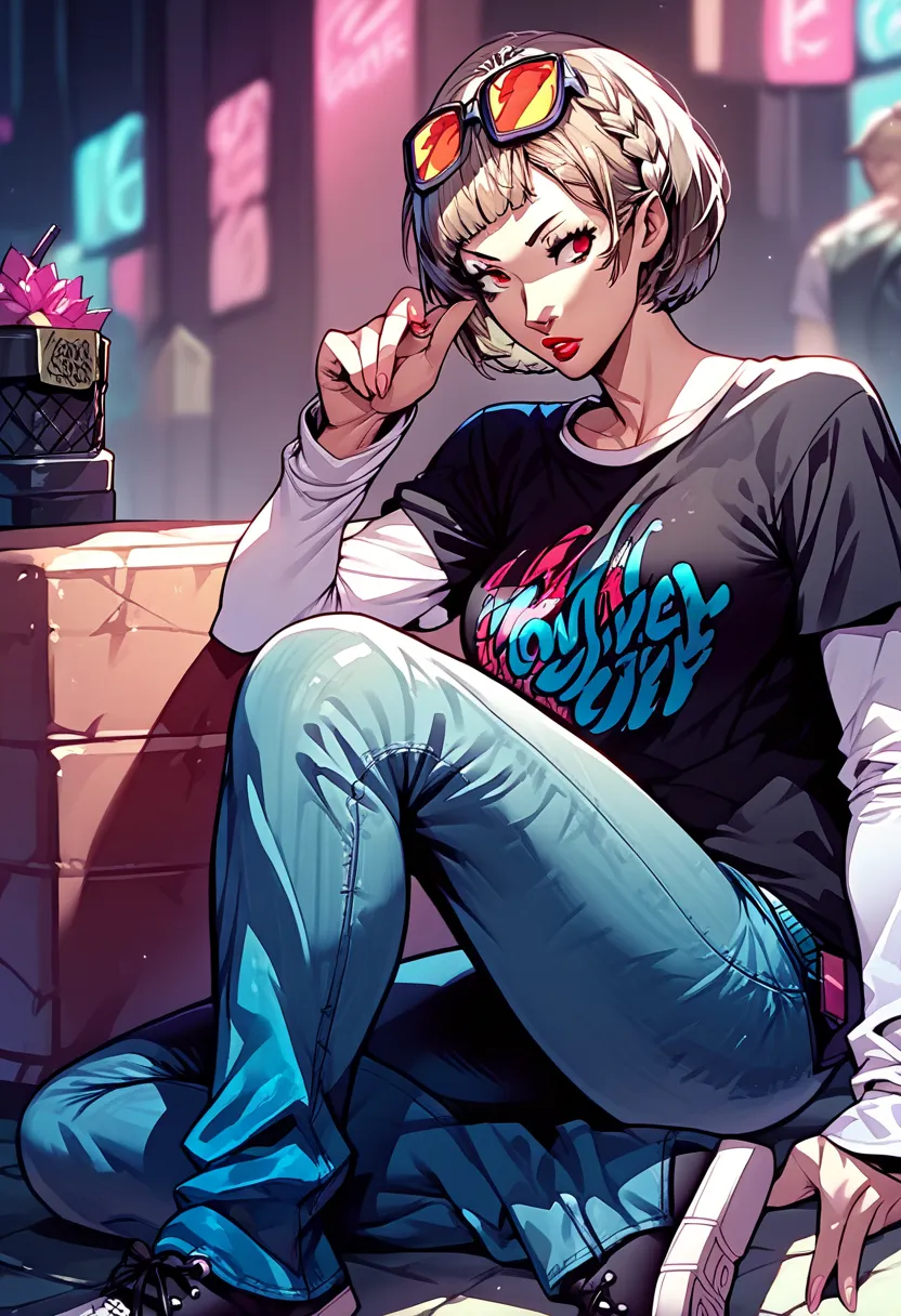 1 girl, sunglasses on head, lipstick, black t-shirt, clothes writing, layered sleeves, large breasts, jeans, sneakers, LadislavaFE, light brown hair, short hair, braid, red eyes,