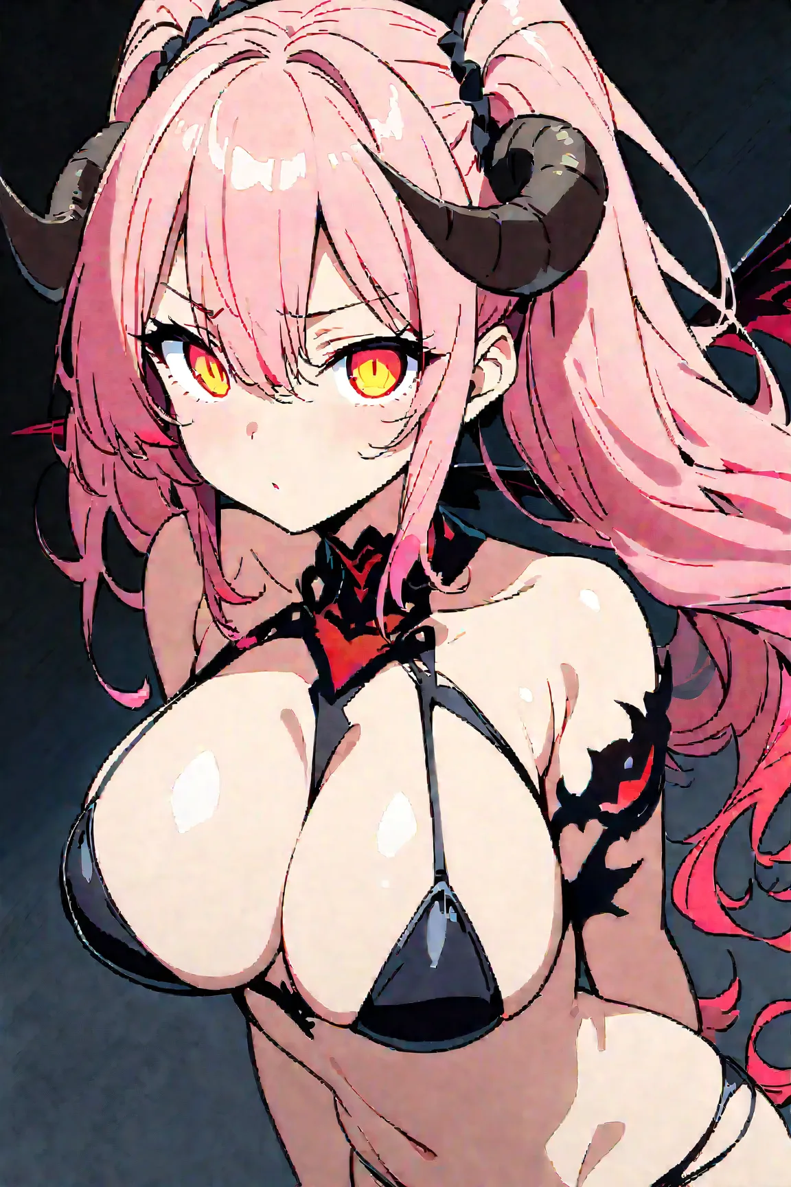 (masterpiece, best quality:1.2),2D, anime, Anime art, line art , watercolor,loli, 1 girl ,(large breasts:1.6),(twin tails), (pink hair), succubus, detailed wings, demon horns, seductive pose, glowing eyes, long flowing hair,(swim suit),(black bikini), dark...