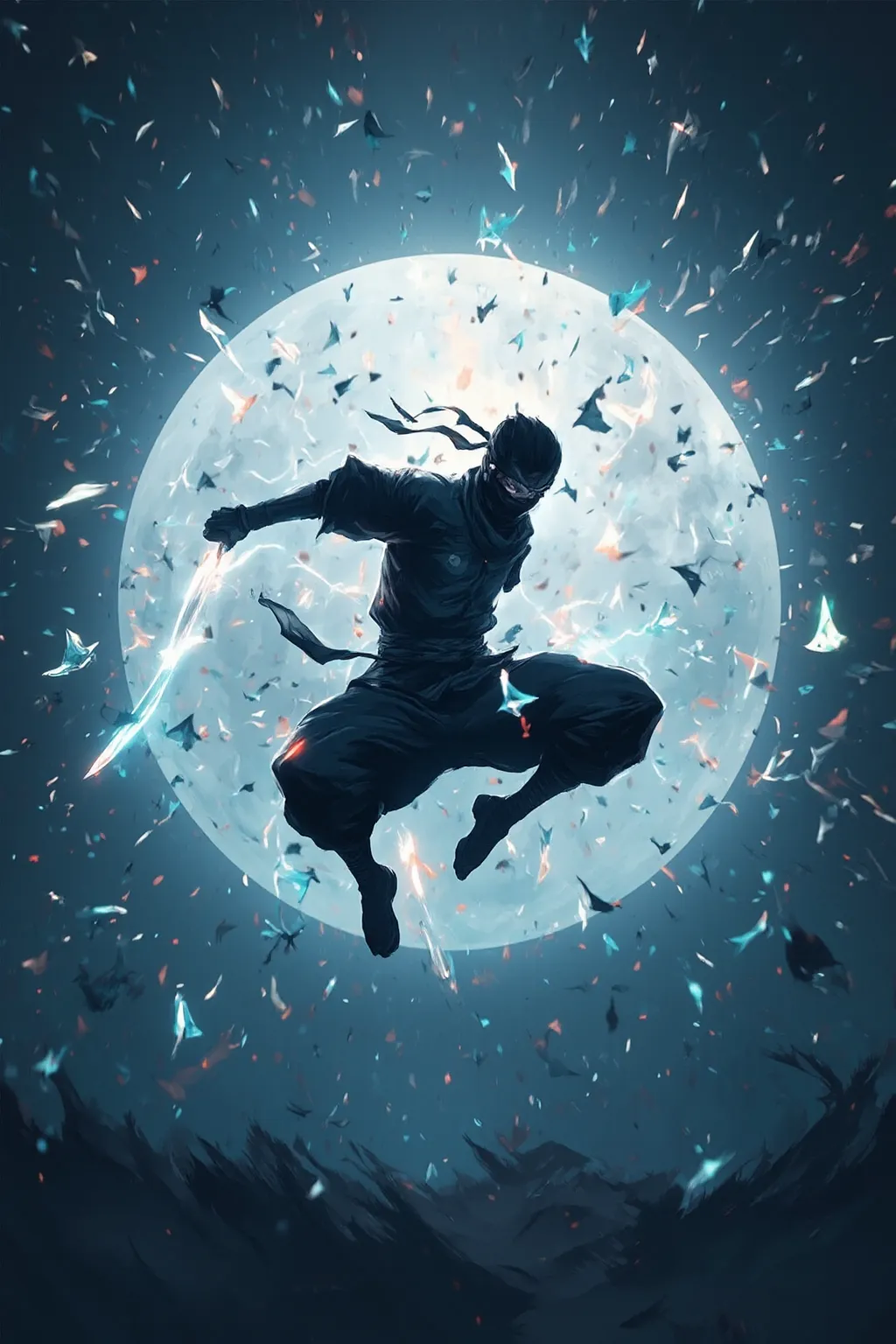 Countless shurikens and kunai,Countless shuriken fly around in the moonlight,A ninja dodges them using bullet time,A ninja is performing an acrobatic pose in the air,Shuriken are stationary around him,Moonlight backlighting,The shuriken and ninja have shin...