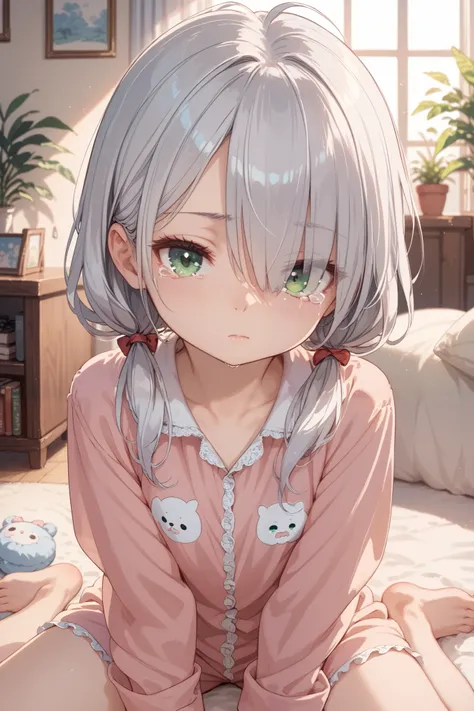 living room,petite girl,silver hair,green eyes,low twintails,hair over one eye,snot,furrowed brow,clothed,tears,expressionless,pajamas